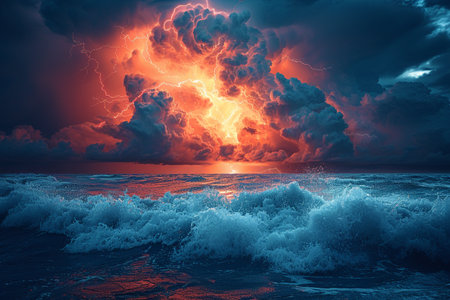 A lightning storm over the oceanの素材