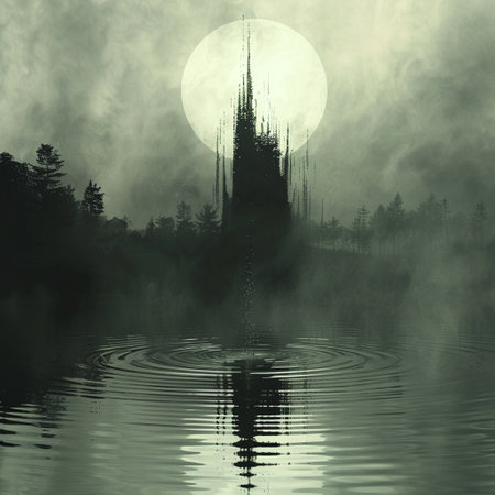 Sound waves visualized as ripples and spikes across a serene lakeの素材