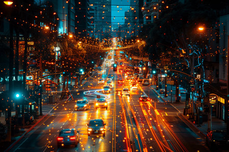 The intricate web of city streets at nightの素材