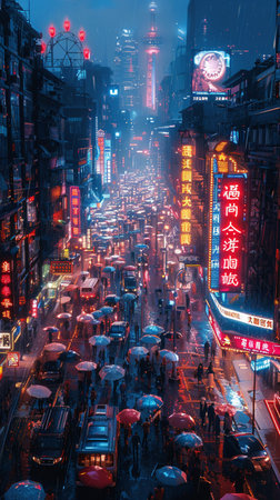 The bustling streets of a neon future cityの素材
