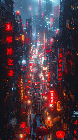The bustling streets of a neon future cityの素材
