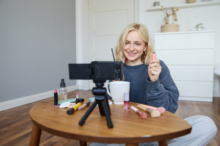 Portrait of beautiful, smiling blond woman, girl recording video of her makeup tutorial for social media, vlogger sitting on floor in her room, using stabiliser to create content, reviewing mascaraの写真素材