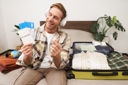 Happy tourist, young man shows passport and tickets, goes on holiday, sits with packed suitcase on bed, plans summer vacationの写真素材