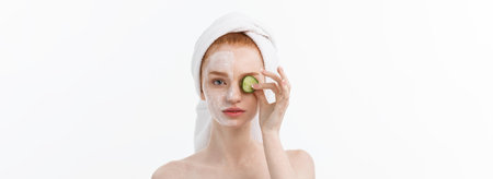 Attractive Young Woman with beautiful clean skin. White mask and cucumbers. Beauty treatments and cosmetology spa therapy. White backgroundの写真素材