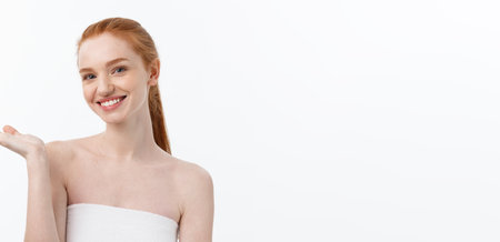 Happy beautiful girl is happy smiling and laughing look stright . Expressive facial expressions .Cosmetology and Spa , skin care modelの写真素材