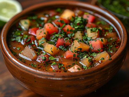 A close-up of a Mexican soup with fresh ingredients.の写真素材
