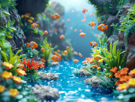 A 3D cartoon scene with underwater creatures.の写真素材