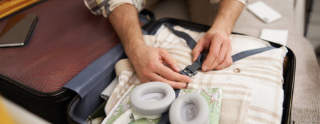 Close up portrait of male hands, man putting clothes inside suitcase, packing for holidayの写真素材