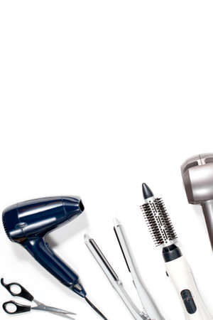 Various hair styling tools on white background, top view, copy spaceの写真素材