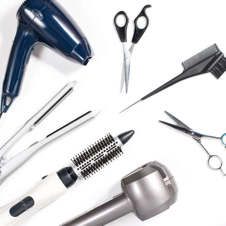 Various hair styling tools on white backgroundの写真素材