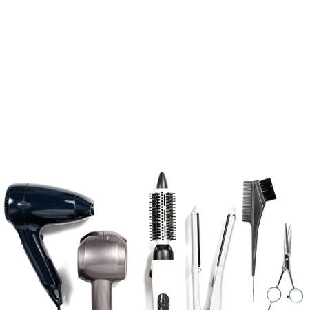 Various hair styling devices on white background, top viewの写真素材