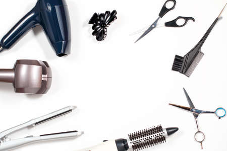 Various hair styling tools on white backgroundの写真素材