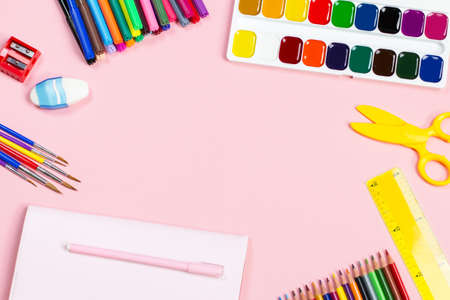 School supplies arrangement. Back to school concept, copy spaceの写真素材