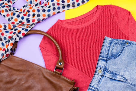 Woman stylish colorful warm clothing collection. Flat layの写真素材