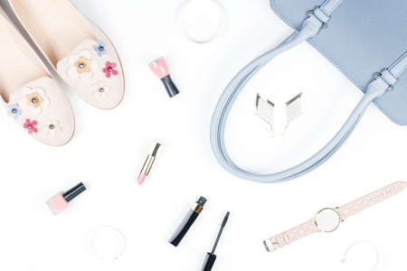 Fashion accessories, make up products, shoes and handbag on white background. Beauty and fashion concept, flat layの写真素材