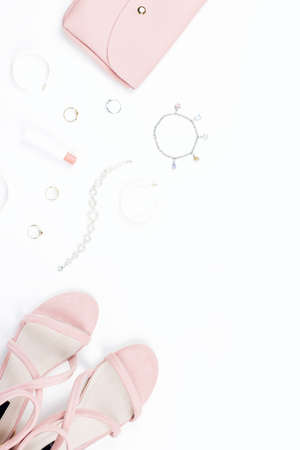 Fashion accessories, make up products, sandals and handbag on white background. Beauty and fashion concept, flat layの写真素材