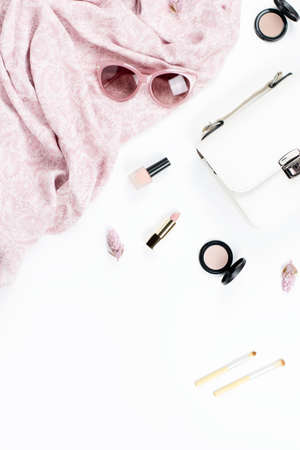 Woman fashion and beauty accessories - purse, sunglasses, scarf, cosmetics. Spring concept fashion collection.の写真素材