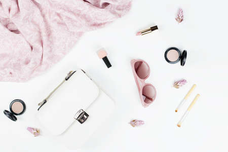 Woman fashion and beauty accessories - purse, sunglasses, scarf, cosmetics. Spring concept fashion collection.の写真素材