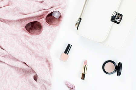 Woman fashion and beauty accessories - purse, sunglasses, scarf, cosmetics. Spring concept fashion collection.の写真素材