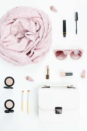 Woman fashion and beauty accessories - purse, sunglasses, scarf, cosmetics. Spring concept fashion collection.の写真素材