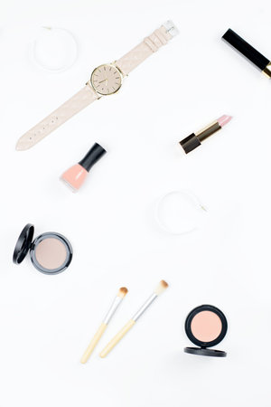 Fashion accessories for woman and cosmetcis on white background. Beauty and fashion concept, flat...