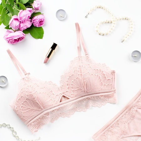 Woman elegant pink lace bra and panties, flowers, jewelry. Stylish lingerie flat lay. Underwear...