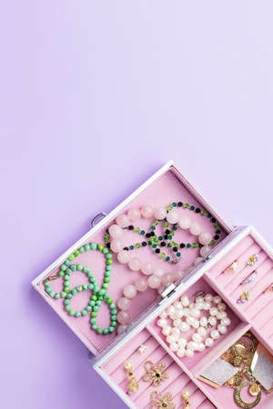 woman beauty accessories flat lay on pastel background. Fashion or beauty blogger concept. Top viewの写真素材
