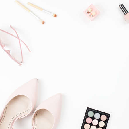 Female fashion accessories and cosmetics in pink color, flat lay.の写真素材