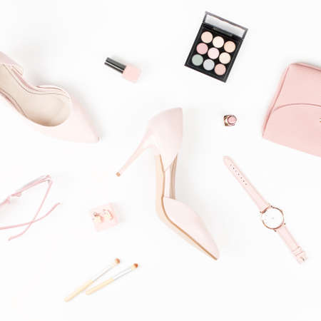 Female fashion accessories and cosmetics in pink color, flat lay.の写真素材