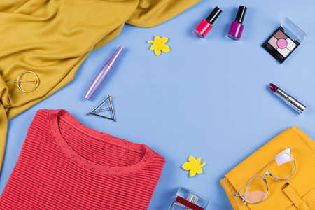 Woman fall clothes and accessories flat lay. Female autumn fashion concept.の写真素材