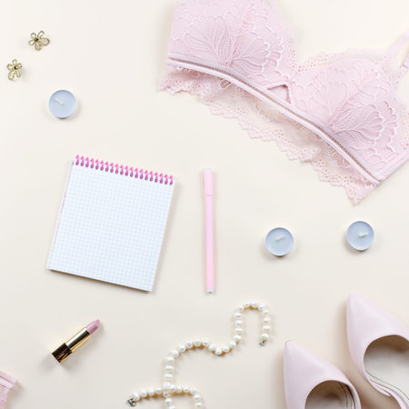Fashion blogger workspace with woman elegant pink lace bra and panties, pumps and note book. Stylish...