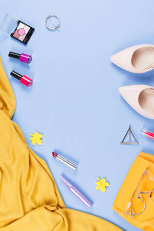 Woman fall clothes and accessories flat lay. Female autumn fashion concept.の写真素材