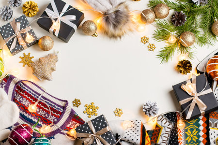 Christmas mood composition with Christmas sweater, hat, presents and lights. Winter concept flat lay