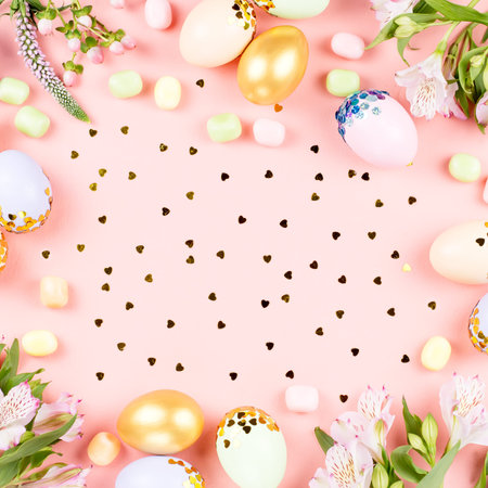 Festive Easter background with decorated eggs, flowers, candy and ribbons in pastel colors on white...