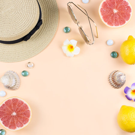 Woman bikini swimsuit with straw hat, flowers and fruits, flat design, tropical summer concept....