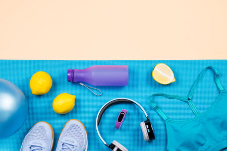 Fitness equipment. Woman workout accessories and clothes flat lay.