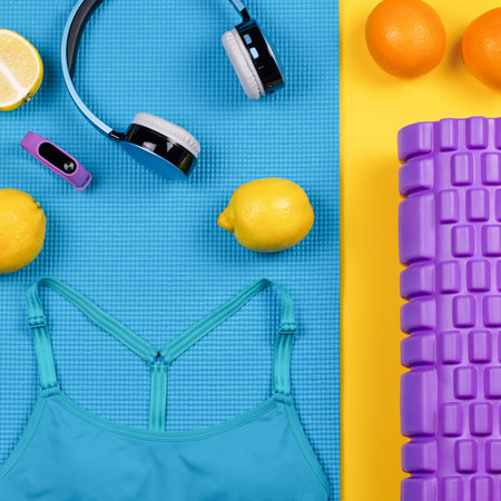 Fitness equipment. Woman workout accessories and clothes flat lay.