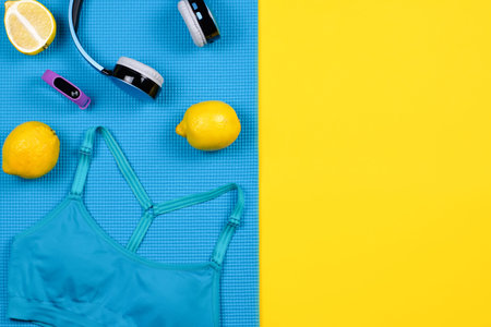 Fitness equipment. Woman workout accessories and clothes flat lay.
