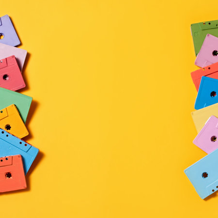 Red, green, blue, yellow retro audio cassettes flat lay background