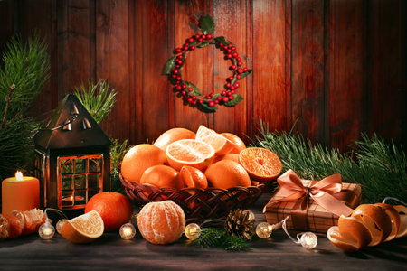 Christmas card with fir tree branches, red ribbons and decorations, wooden ornaments, confetti. Copy space, top viewの写真素材