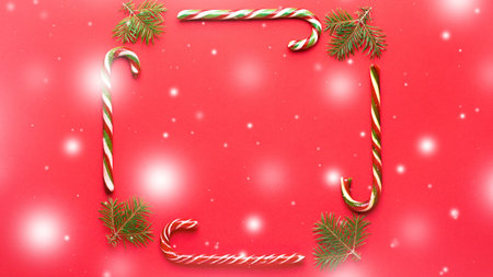 Rectangular frame from candy canes and fir tree branches on bright red background. Minimalistic...
