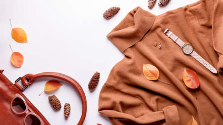 Woman brown sweater or dress with leather bag, sunglasses, jewelry, fashion accessories and autumn leaves. Autumn fashion background. Woman autumn clothing and accessories flat lay, copy spaceの写真素材