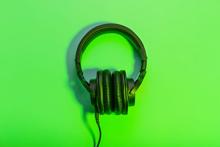 Black massive headphones in female hand on pastel background, copy space. Modern technology flat lay...