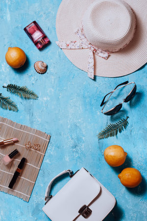 Fashion female clothes and accessories for beach destinations or summer vacation. Flat lay with...