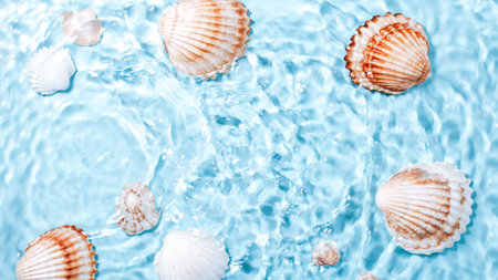 Sea shells of different sizes underwater, copy space. Various seashells in blue water with waves,...