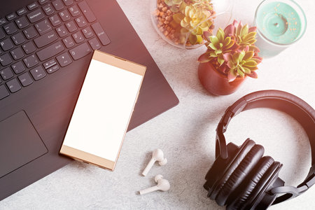 Blank screen smartphone on desk with laptop computer, wireless earphones, succulent plants on...