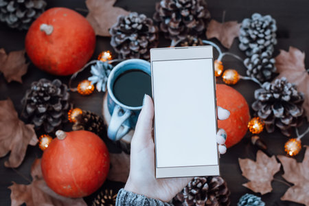 Blank smartphone screen with pumpkins and pine cones in backgroundの写真素材