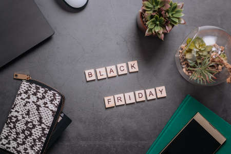 Black friday flat lay with wallet, laptop and succulent plant. Online shopping from home, safe shopping concept, top viewの写真素材