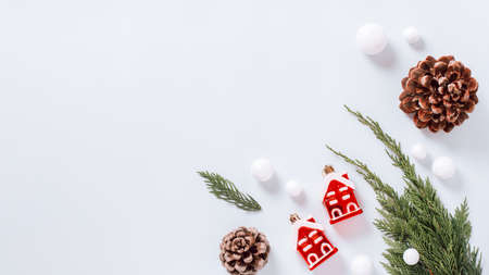 White minimal Christmas background, flat lay, copy spaceの写真素材