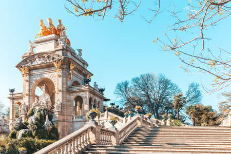Cascada del Parque de la Ciudadela. Close up shot of monument in popular Barcelona Ciutadella Park in sunsetの写真素材